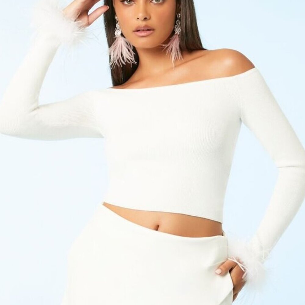 Forever21 White Feather-Trim Sweater-Knit Crop Top